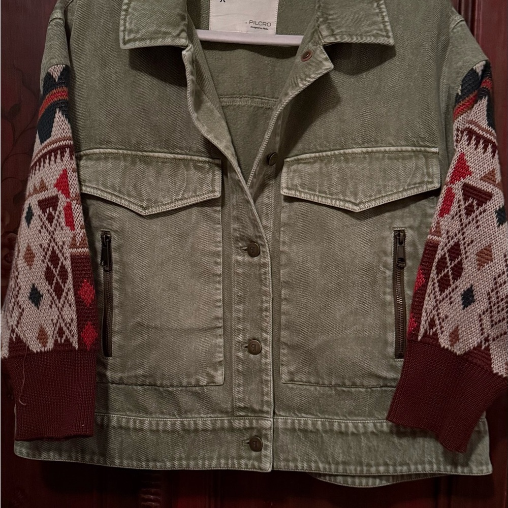 Pilcro Olive Utility Jacket With Patterned Sleeves - image 3